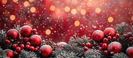 Winter decorations featuring frosted pine, red ornaments, and snowflakes on a vibrant red background creating a festive holiday ambiance.