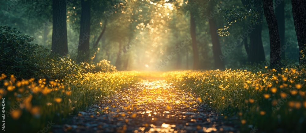 Poster serene forest pathway illuminated by sunlight creating a tranquil setting for daily reading and unwi