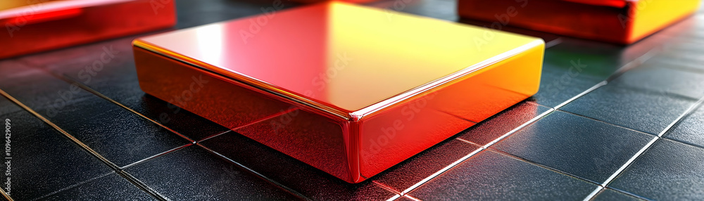 Poster 3d render of shiny red cubes on dark tiles background