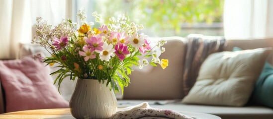 Fototapeta premium A cozy living room featuring a coffee table with a vibrant bouquet of spring flowers in a stylish vase and soft cushions in the background