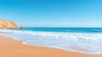 Fototapeta premium a beach with waves crashing onto the sand and a mountain in the background The sky is filled with white, fluffy clouds, creating a peaceful atmosphere