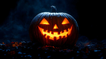 Obraz premium Glowing Jack-o'-lantern sits amidst autumn leaves in a dark, smoky setting, creating a spooky Halloween atmosphere.