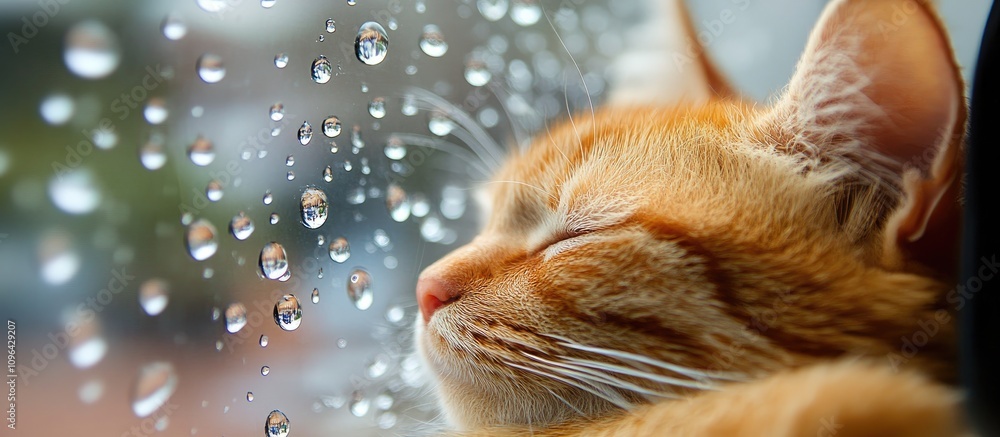 Poster Cozy orange cat peacefully resting by a rainy window with drops creating a serene backdrop and soft reflections.