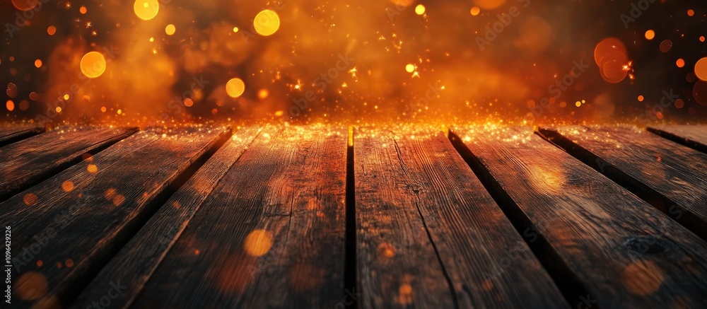 Poster wooden planks on an abstract fire backdrop with glowing sparks and bokeh effects creating a warm and