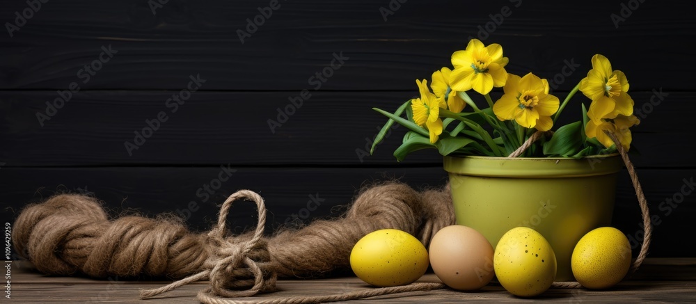 Aufkleber quail eggs and vibrant yellow primrose in a green pot with rope on dark wooden background featuring 