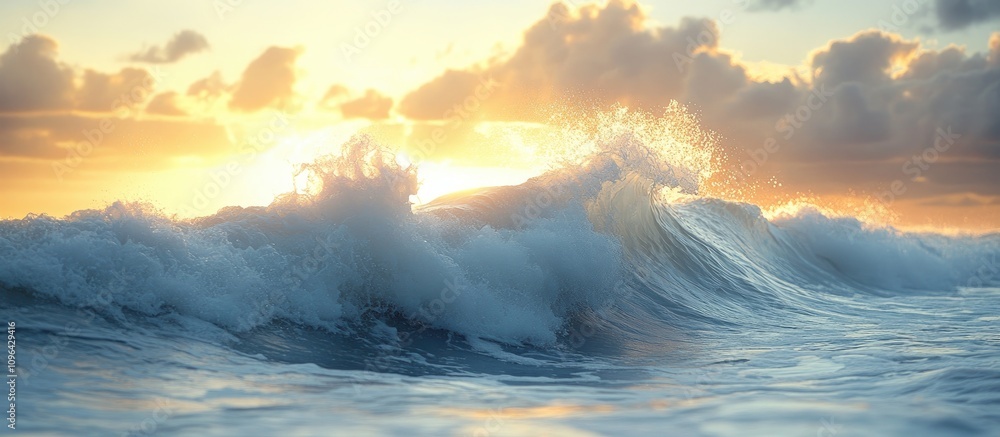 Poster sunlit waves crashing against the shore at sunset creating a serene coastal landscape with vibrant c