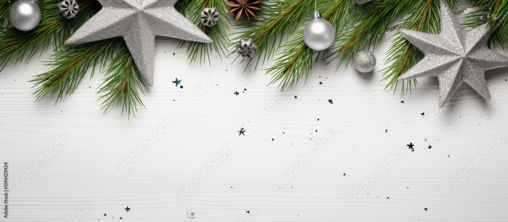 Poster pine leaves and silver star decorations on a white wooden board creating a joyful festive background