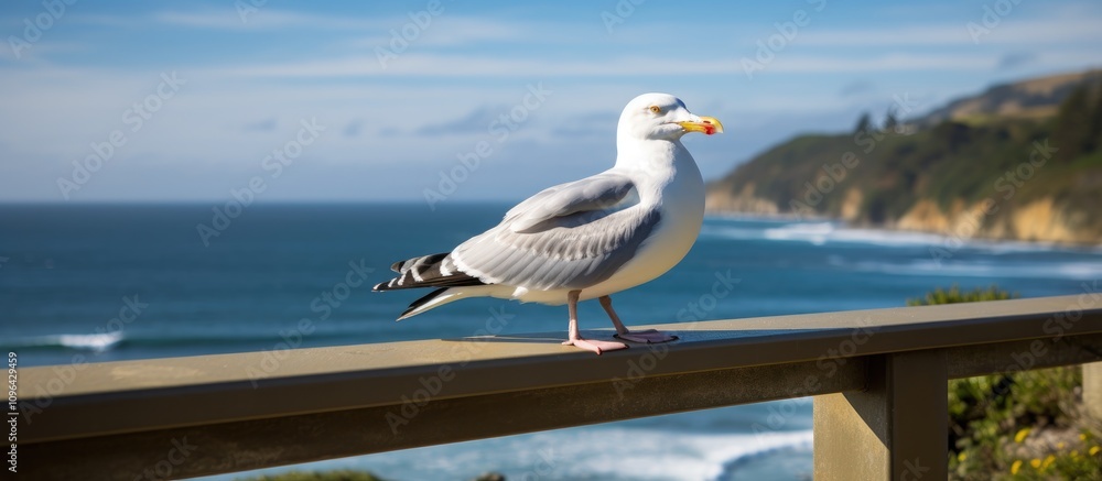 Poster seagull perched on a railing overlooking the ocean with waves crashing and a scenic coastline in the