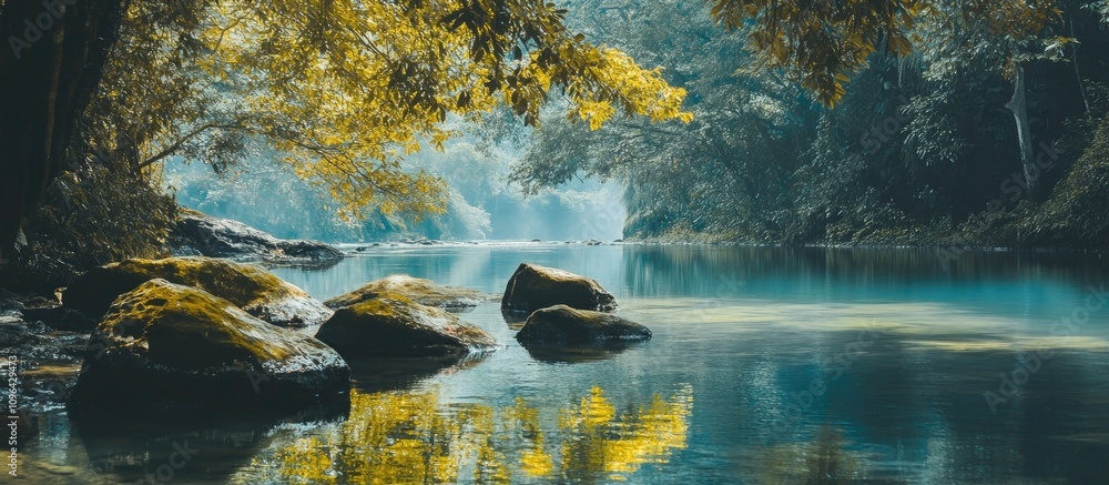 Aufkleber serene river scene surrounded by lush greenery and rock formations in a tranquil national park setti