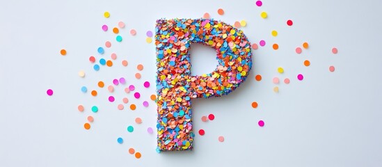 Obraz premium Colorful letter P made of confetti on a white background celebrating creativity and fun festive themes.