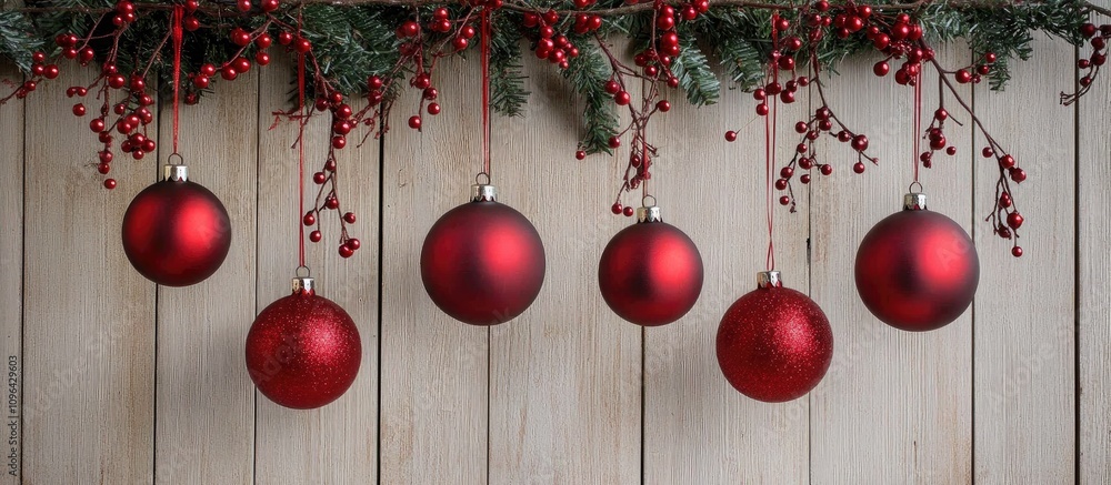 Aufkleber red christmas ornaments hanging from a festive tree branch against a rustic wooden background creati