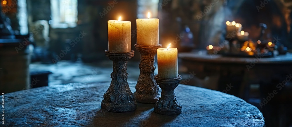 Poster warm ambient lighting from candles on a rustic stone table creates a serene and mystical atmosphere 