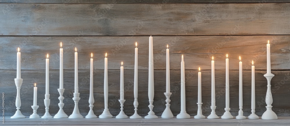 Poster elegant arrangement of white candles in various heights and styles illuminated on a rustic wooden ta