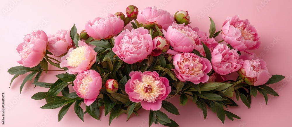 Poster peonies bouquet arrangement with paper frame on soft pink background for creative flat lay and copy 