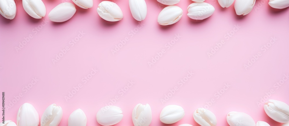 Aufkleber flat lay composition of pink and white tulip petals surrounding an empty space on a soft pink backgr