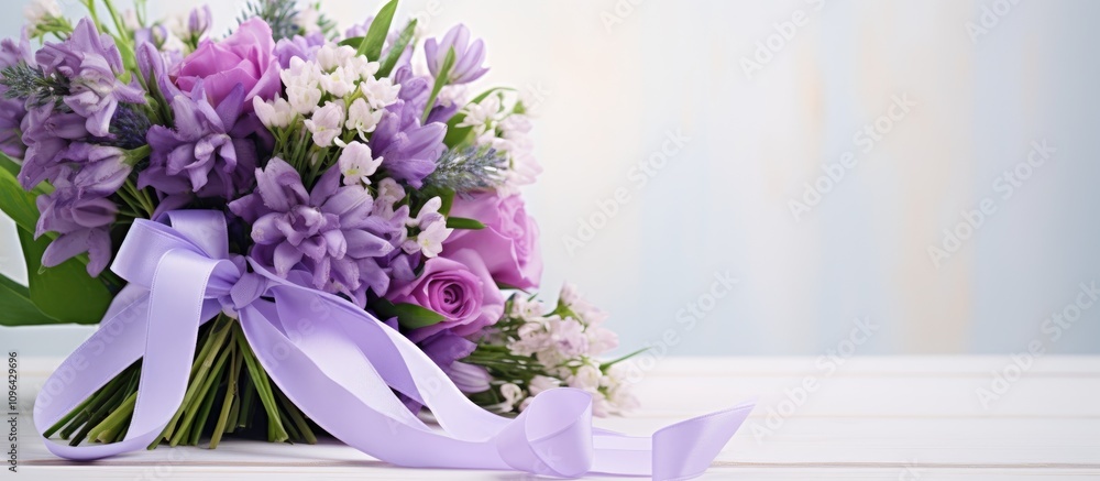 Poster spring flower bouquet with purple ribbon elegantly arranged on a rustic wooden table creating a soft