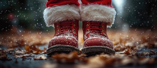 Santa's red boots covered in snow on a winter path filled with fallen leaves and softly falling snowflakes