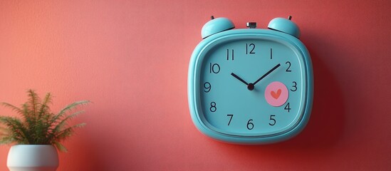 Pastel square alarm clock with cute dolls and pink sticker on red gradient wall symbolizing concepts of time waiting and relationships.