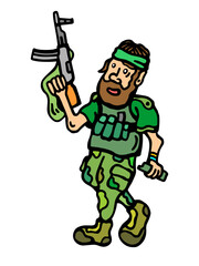 Bright illustration of a bearded soldier in camouflage uniform with a gun and a grenade, symbolizing strength and resilience