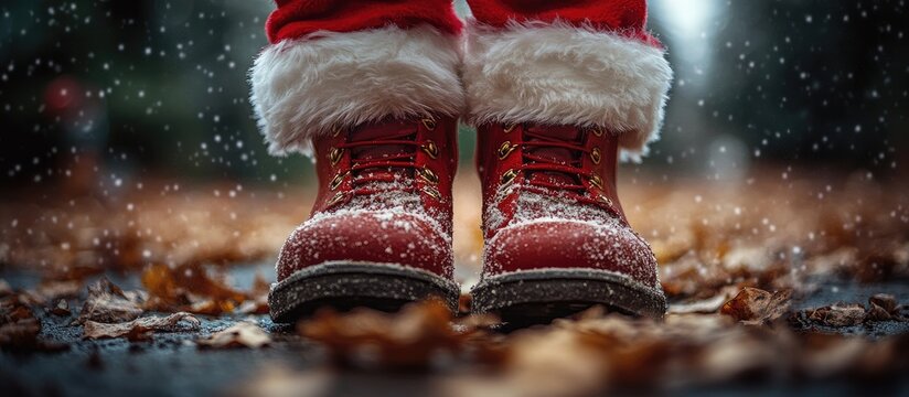 Santa's red boots covered in snow on a winter path filled with fallen leaves and softly falling snowflakes