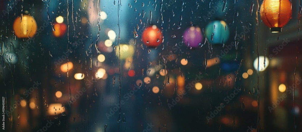 Poster rainy night ambiance with colorful lanterns and blurred bokeh effect on window creating a cozy, atmo
