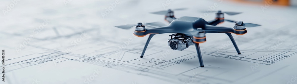 Poster a close-up of a drone resting on architectural blueprints, showcasing its detailed design and highli
