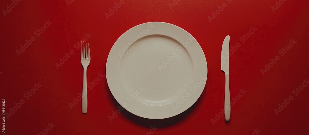 Poster Elegant minimalistic table setting with a white plate and cutlery arranged on a vibrant red background for culinary presentations and designs