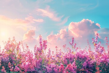 Purple lavender flowers on sunny beautiful nature spring background. Summer scene with fresh lavandula flower of lilac color. Neural network ai generated art