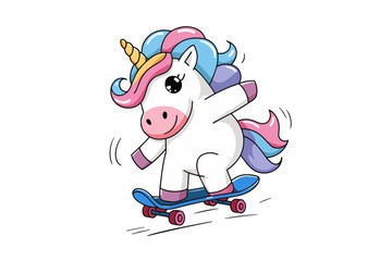 A vibrant and colorful illustration of a unicorn on a blue skateboard
