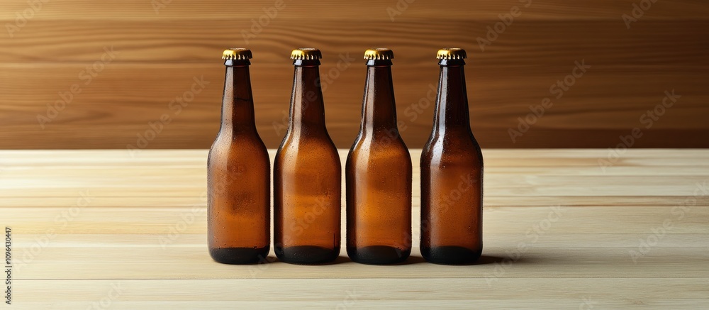 Poster four amber beer bottles arranged on a wooden table with a soft focus background emphasizing the bott