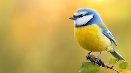 Obraz premium a blue tit perched atop a tree branch, its feathers a mix of blue, yellow, white and black The background is slightly blurred, giving the bird a sense of focus and