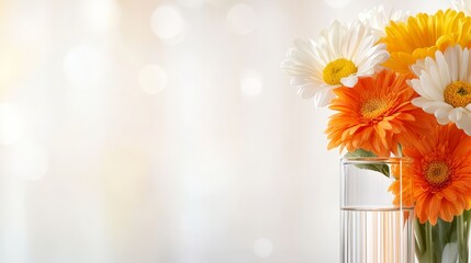  a vase filled with orange and white daisies sitting on top of a table, with a glass of water beside it The background is slightly blurred, giving the image a dream
