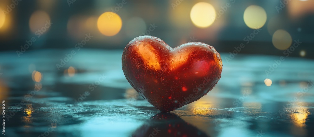 Poster bokeh background with red heart on wet surface creating romantic and dreamy atmosphere for love and 
