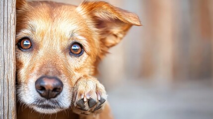 Obraz premium a brown dog peeking out from behind a wooden fence, with a blurred background
