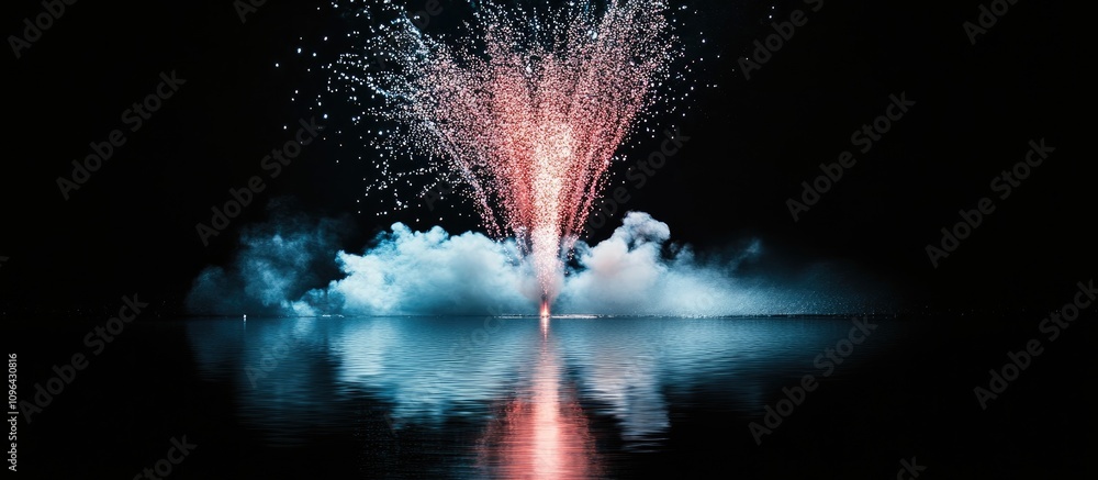 Poster vibrant firework display reflecting on calm water with dark background creating a stunning visual ef