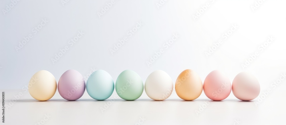 Poster pastel easter eggs in a row on a white background with plenty of copy space for seasonal promotions 