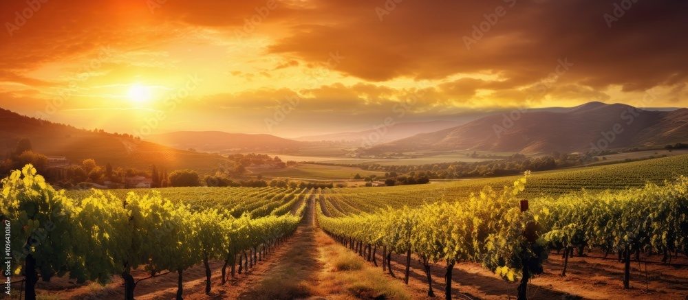 Aufkleber serene vineyard landscape at sunset with golden light illuminating rows of grapevines and rolling hi