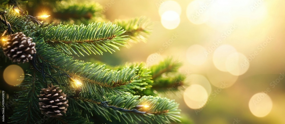 Aufkleber Macro shot of natural pine tree branches with needles and cones in a sunny forest creating a soft focus bokeh background of greenery