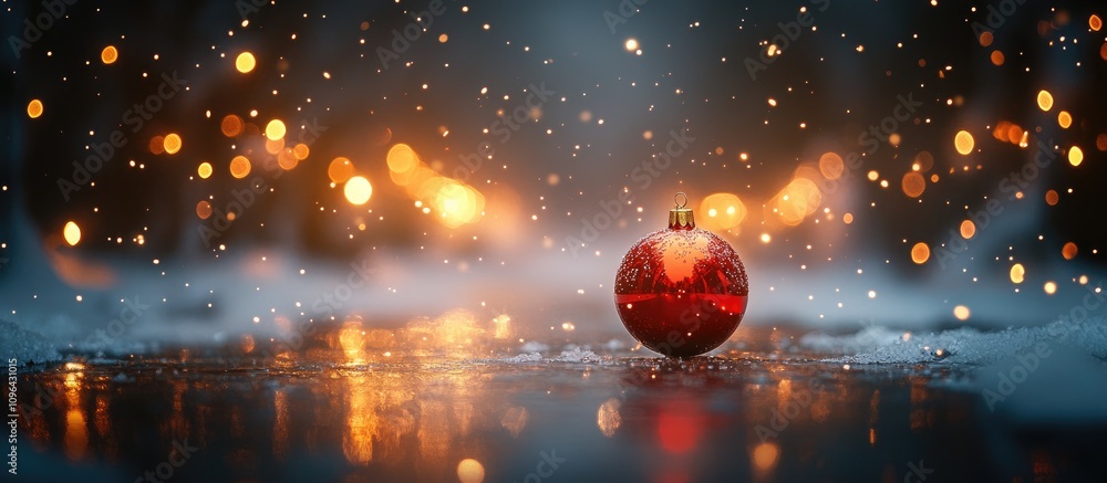 Poster red christmas ornament on a snowy surface with a blurred background of warm glowing lights and falli