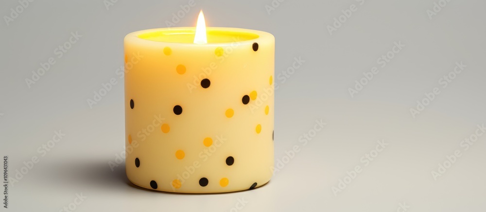 Poster Light yellow candle with black and yellow polka dots illuminated in a soft glow on a subtle gray background for a cozy atmosphere.