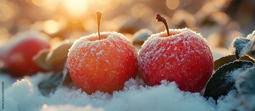 Poster snow-kissed red apples resting on a bed of fresh snow with a warm sunlight glow in the background cr