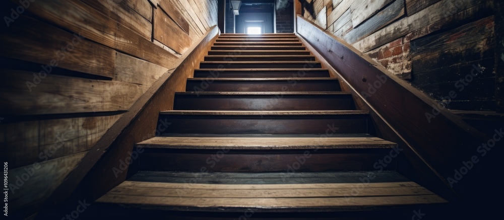 Aufkleber wooden staircase ascending through rustic vintage architecture with illuminated passageway at the to