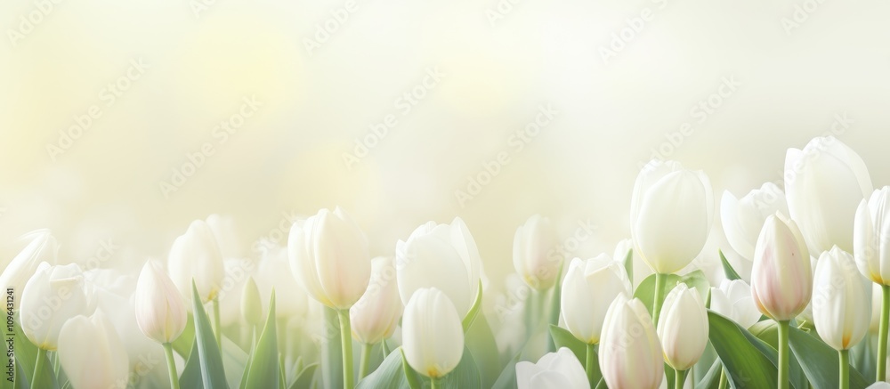 Poster Spring greeting card template with fresh white tulips soft pastel background for personalized text and seasonal celebrations