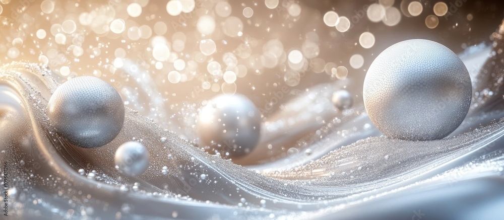 Aufkleber elegant white and silver spheres on a shimmering abstract background with soft light and bokeh effec