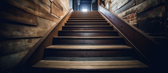 Fototapeta premium Wooden staircase ascending through rustic vintage architecture with illuminated passageway at the top creating an inviting atmosphere