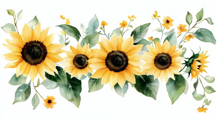 Naklejka premium Watercolor Sunflowers and Greenery Floral Arrangement, Botanical Illustration, Summer Design