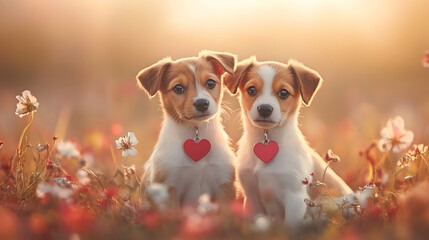Two adorable puppies in a field of wildflowers, bathed in golden sunlight.. Two small, tan and white puppies with pink heart-shaped tags on their collars sit amidst a field of wildflowers in soft gold