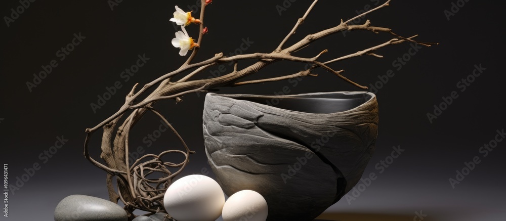 Poster elegant natural stone vase with willow branches and easter eggs in a minimalist setting showcasing s