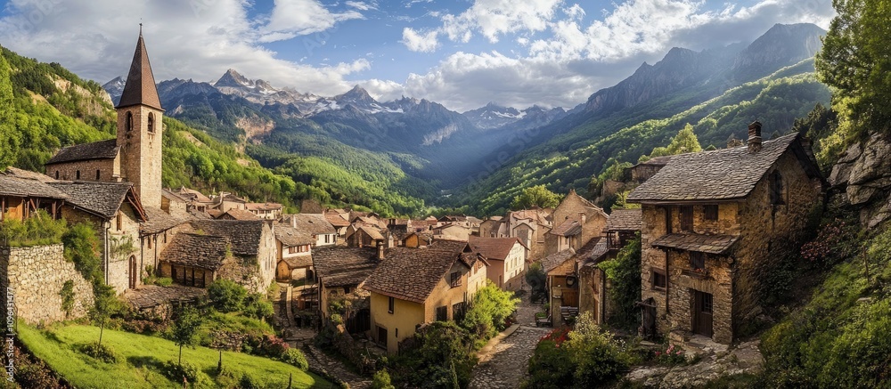 Poster panoramic view of a historic medieval village nestled in mountains with dramatic landscape and rusti