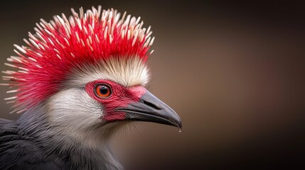  a close up of a grey crowned crane with a red mohawk on its head, set against a blurred background